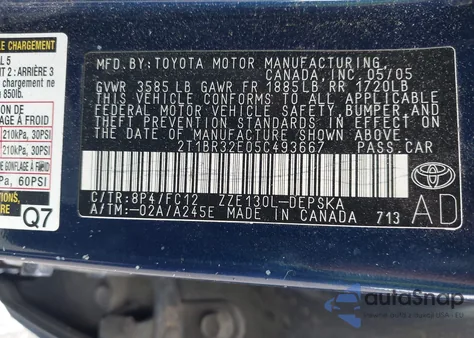 2005 Toyota Corolla S z USA, uszkodzony, nr VIN 2T1BR32E05C493667